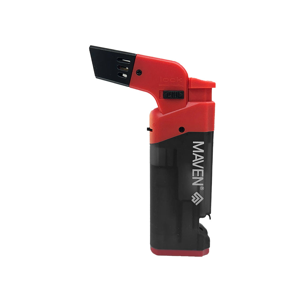 Maven Torch Popper in red and black, windproof lighter and bottle opener combo, front view