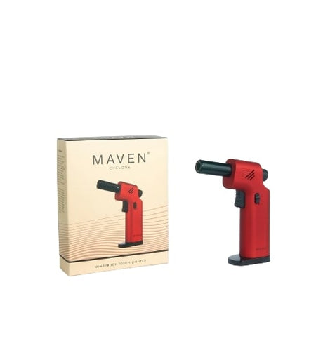 Maven Torch Cyclone 7" Red Windproof Jet Flame Dab Rig Torch with packaging, side view