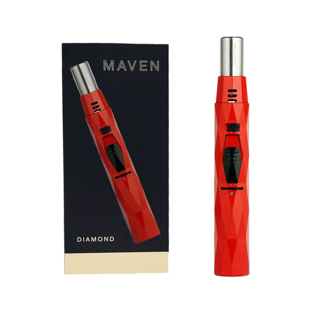 Maven Torch Diamond Pen Torch in Red - Windproof Jet Flame, Side View with Packaging