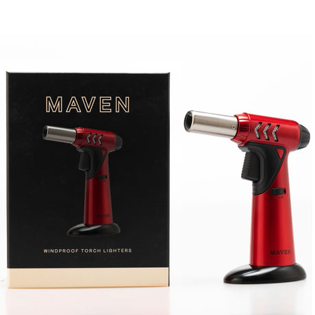 Maven Torch Tornado in Red with Safety Lock & Adjustable Flame, Windproof, Side View next to Box