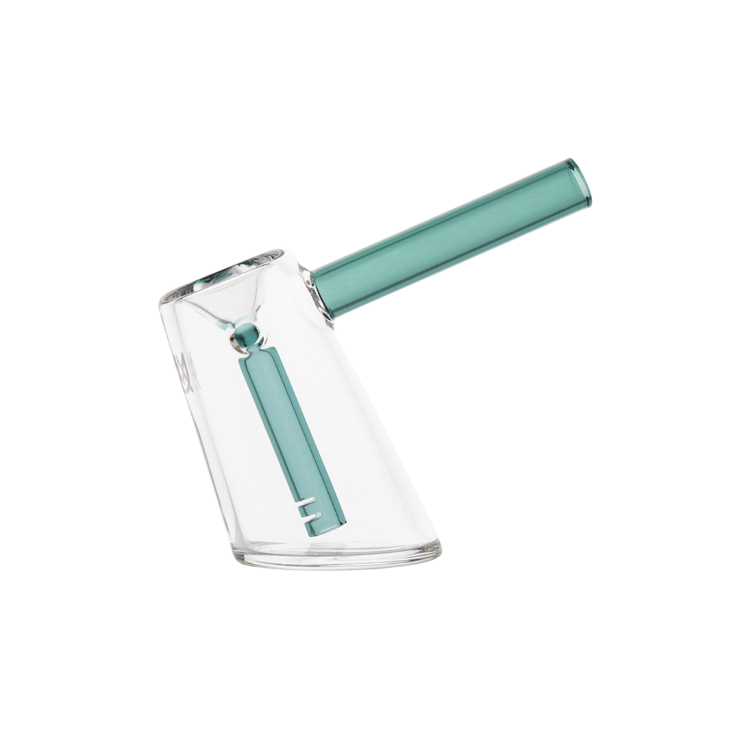 MJ Arsenal Fulcrum Bubbler with teal accents, side view on white background, compact borosilicate glass