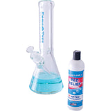 Snowtree Rez Relief Cleaning Solution 2-Pack beside clear glass bong, front view on white background