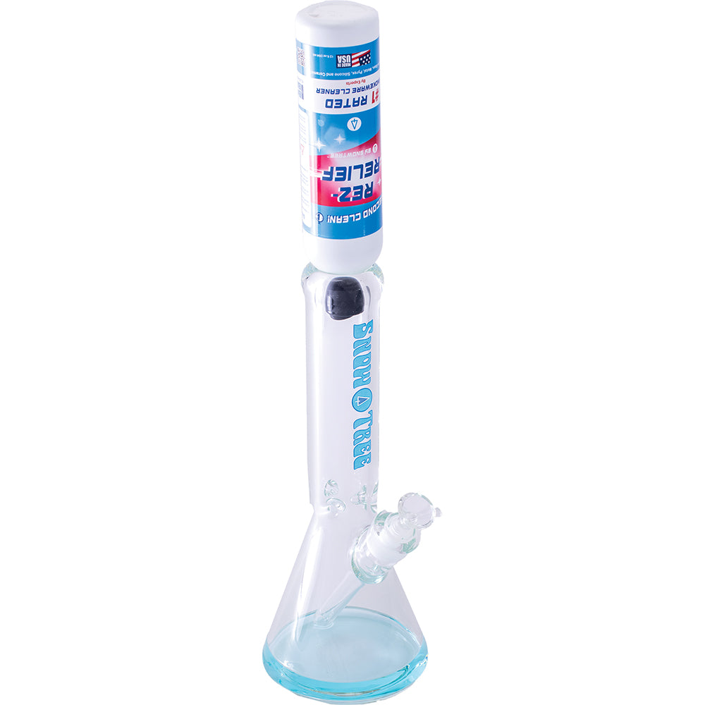 Snowtree Rez Relief Cleaning Solution 2-Pack, front view on bong for scale