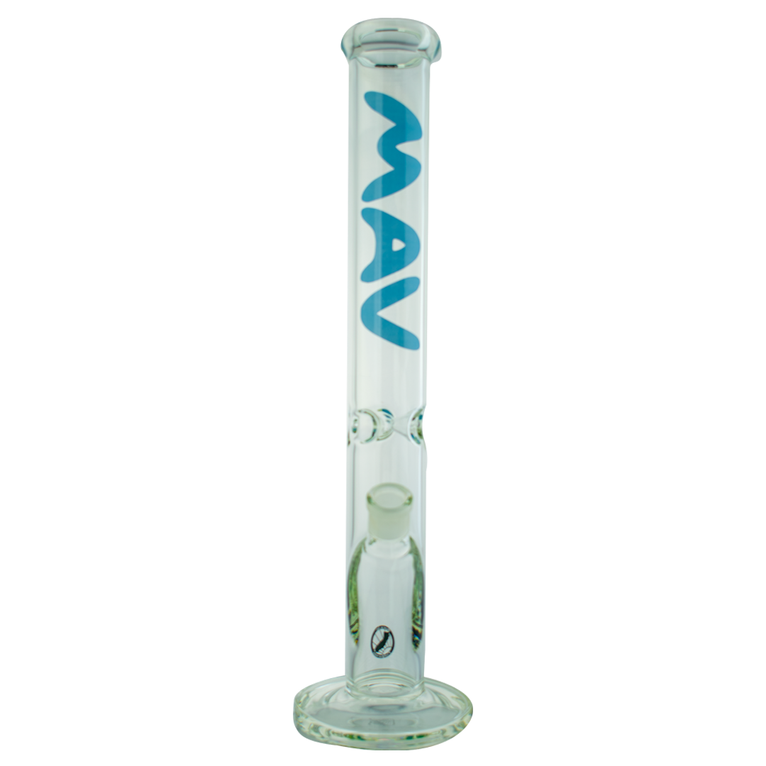 MAV Glass 18" Classic Straight Bong in Clear Borosilicate with Blue Logo - Front View