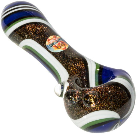 Crush Dichroic Glass Spoon Pipe, 4" with Colorful Grip Bumps, Blue & White Variant, Angled View