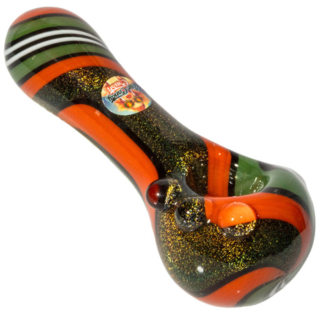 Crush Dichroic Glass Spoon Pipe with Colorful Grip Bumps, 4" size, angled view on white background