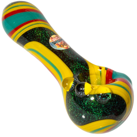 Crush Dichroic Glass Spoon Pipe, Teal & Red with Colorful Grip Bumps, 4" Top View