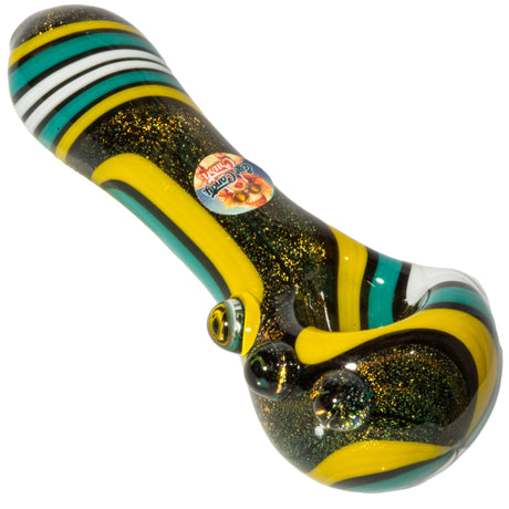 Crush Dichroic Glass Spoon Pipe with Teal & White Stripes and Colorful Grip Bumps