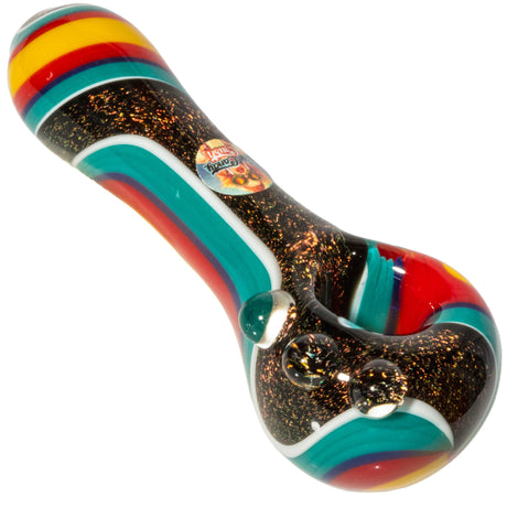 Crush 4" Dichroic Glass Spoon Pipe with Colorful Stripes and Grip Bumps - Angled View