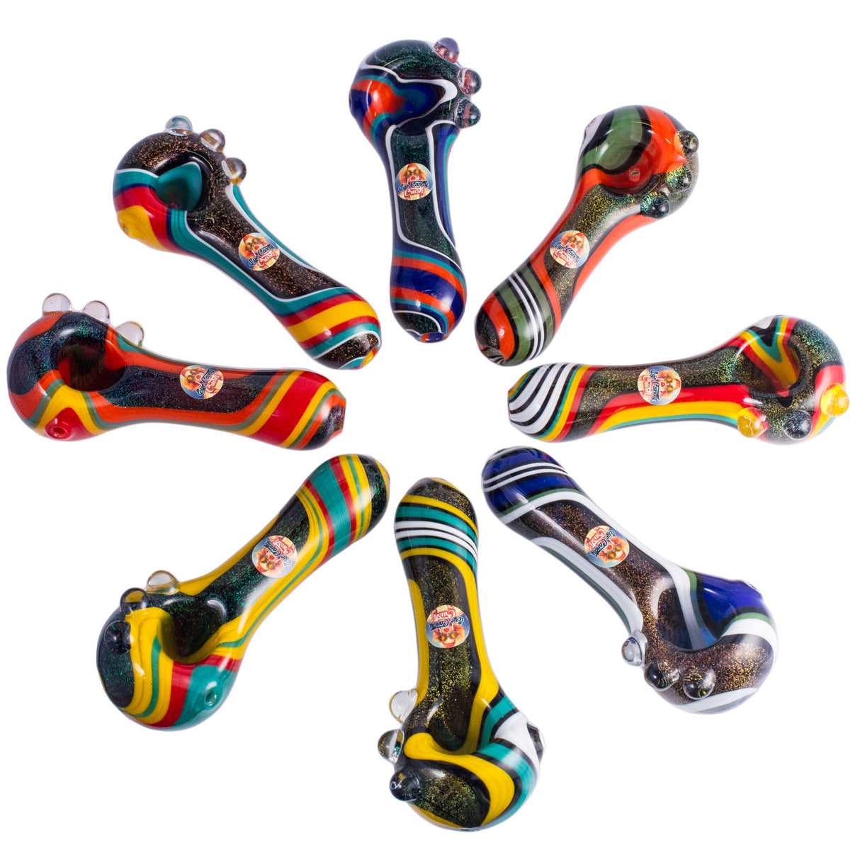 Variety of Crush Dichroic Glass Spoon Pipes with Colorful Grip Bumps 4" on white background