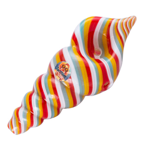 Crush Eye Candy Sea Shell Hand Pipe, 4" Borosilicate Glass in Vibrant Stripes, Angled View