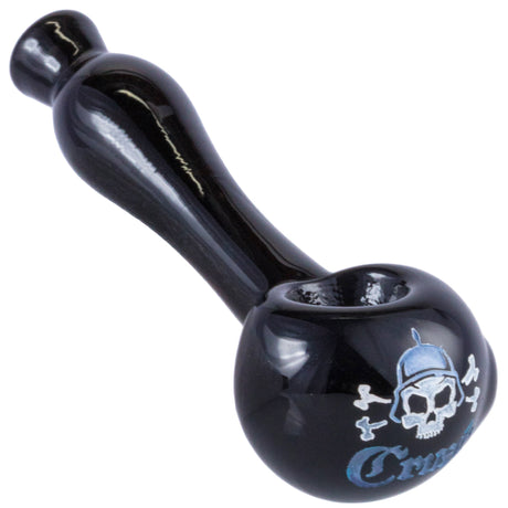 Crush Laser-Etched Hand Pipe in Blue with Skull Logo - 4" Borosilicate, Side View