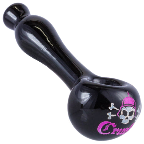 Crush Laser-Etched Hand Pipe in Pink with Skull Logo - 4" Borosilicate Glass, Angled View