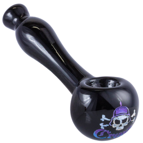 Crush Laser-Etched Hand Pipe with Purple Skull Logo - 4" Borosilicate Glass, Angled View
