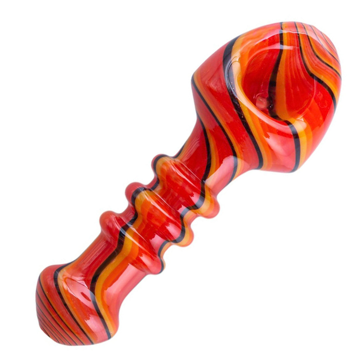 Crush Shovel Head Spoon Pipe in Vibrant Red and Yellow Swirls, Borosilicate Glass, Side View