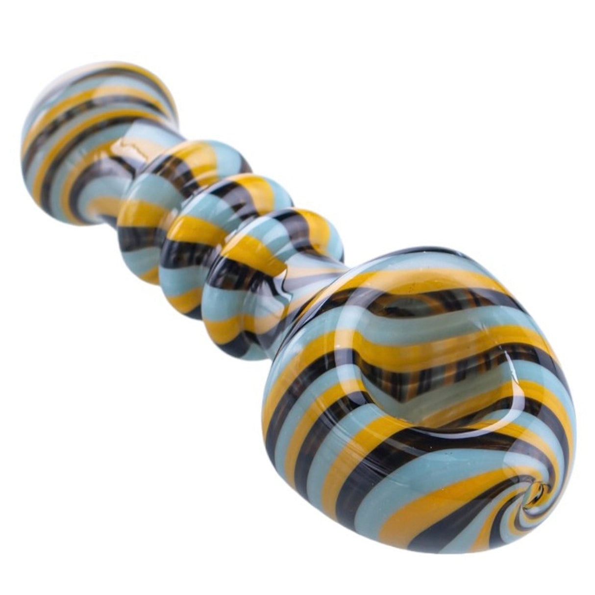 Crush Shovel Head Spoon Hand Pipe in Yellow Stripe, Borosilicate Glass, Angled Side View