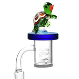 Colorful Air Spin Channel Carb Cap with Bird Design on Clear Quartz Bucket, Front View