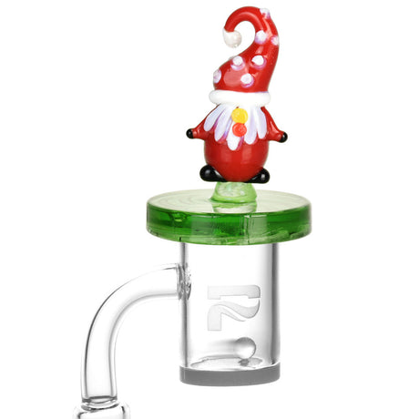 Colorful Air Spin Channel Carb Cap with gnome figure on top, front view on seamless white background