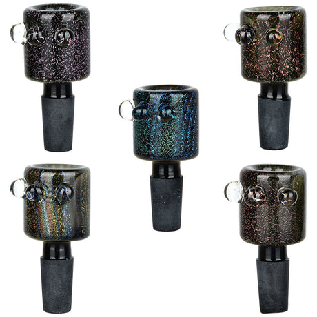 5PC Bundle of Sparkle Darkle Glass Herb Slides in assorted colors, 14mm male joint, front view
