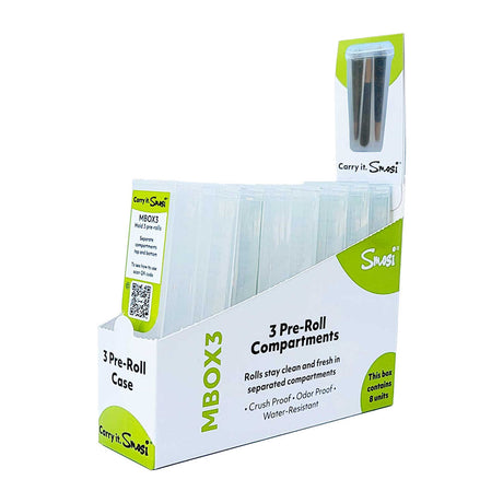 Smosi MBox3 Black Pre-Roll Case Display, 8pc, Front View, Crush-Proof & Odor-Resistant
