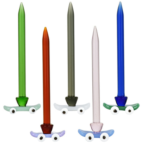 Assorted colors 5PC set of skateboard glass dab tools, 4 inches, front view on white background