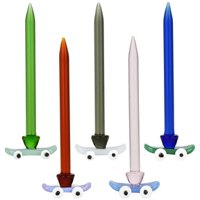 Assorted colors 5PC set of skateboard glass dab tools, 4 inches, front view on white background