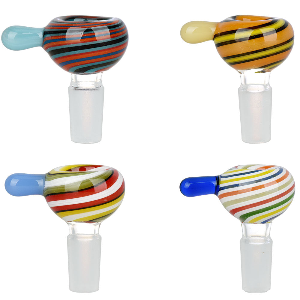 Assorted Retro Candy Striped 14mm Herb Slides, Borosilicate Glass, Angled Views