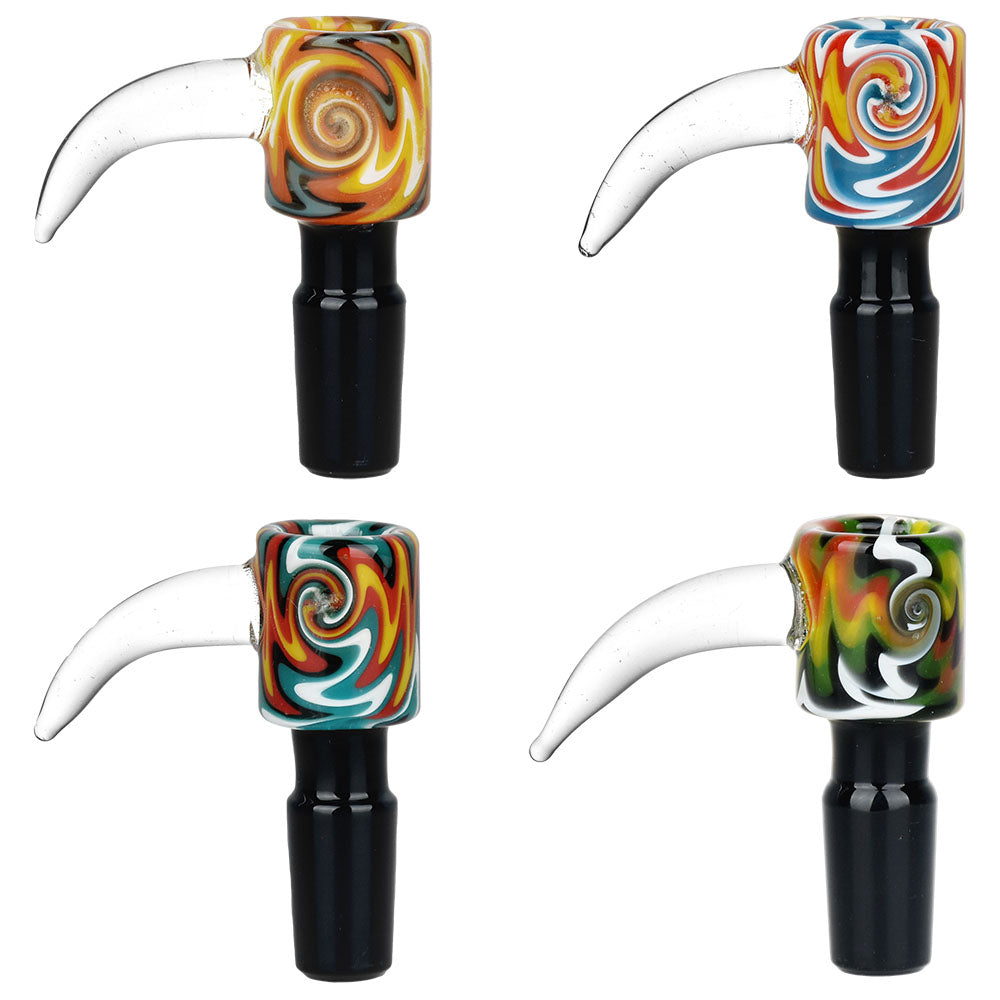 Inherent Vortices Herb Slide 14mm in assorted colors with unique swirl patterns, front and side views