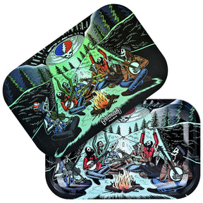 Pulsar Grateful Dead themed metal rolling tray kit with vibrant forest graphics, top view