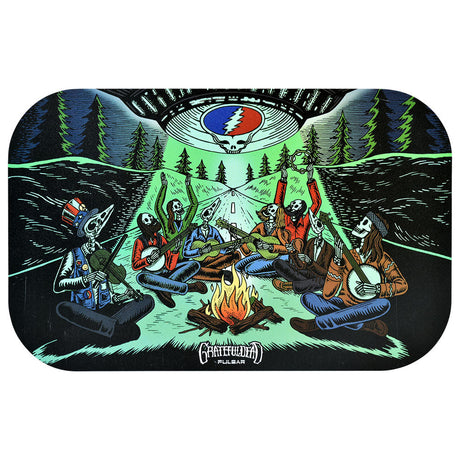 Pulsar Grateful Dead themed metal rolling tray kit with vibrant forest campfire design, 11"x7", top view