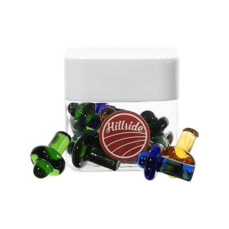 Assorted Hillside Glass Plug Carb Caps in 22mm displayed with jar, ideal for dab rig customization