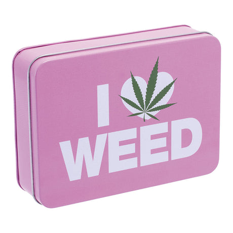 Fujima Pink Tin Stash Box with 'I [Leaf] Weed' Graphic, Durable 6.5"x4.5" - Front View