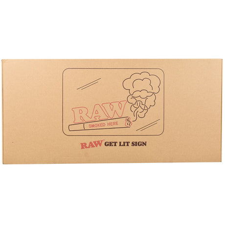 RAW Smoked Here LED Sign packaging, front view, showcasing the vibrant 25"x16" illuminated sign box