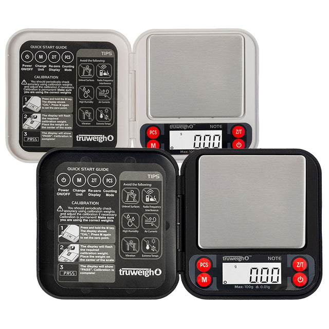 Truweigh Mini NOTE Digital Pocket Scale open and closed view, 100g capacity with 0.01g accuracy