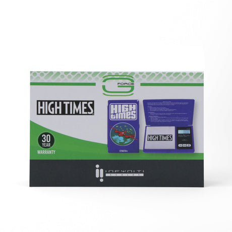 Infyniti High Times G-Force Pocket Scale packaging front view with 30-year warranty badge