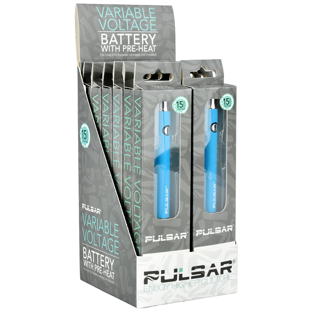 Pulsar Variable Voltage Batteries in Blue, 350mAh, 12ct Display Box, Front View