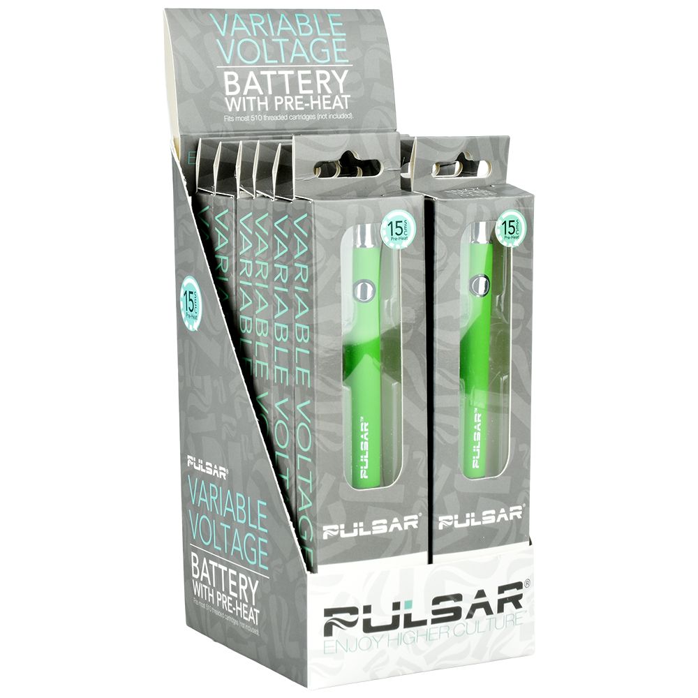 Pulsar Variable Voltage Battery display box with green 350mAh batteries, front view, easy for on-the-go use