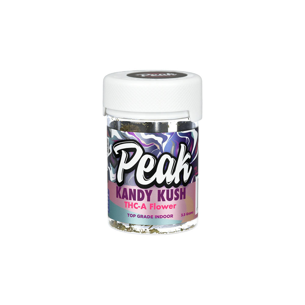 Peak High Potency Kandy Kush THC-A Flower 3.5g in clear jar, front view on white background