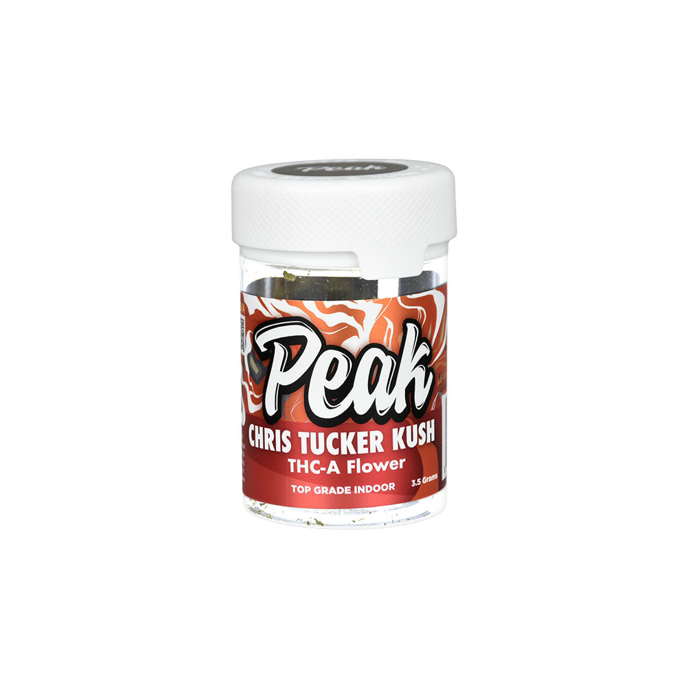 Peak High Potency THC-A Flower, Chris Tucker Kush, 3.5g jar, front view on white background