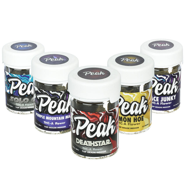 Peak High Potency THC-A Flower 3.5g jars, 2pc bundle with various strains, front view on white background