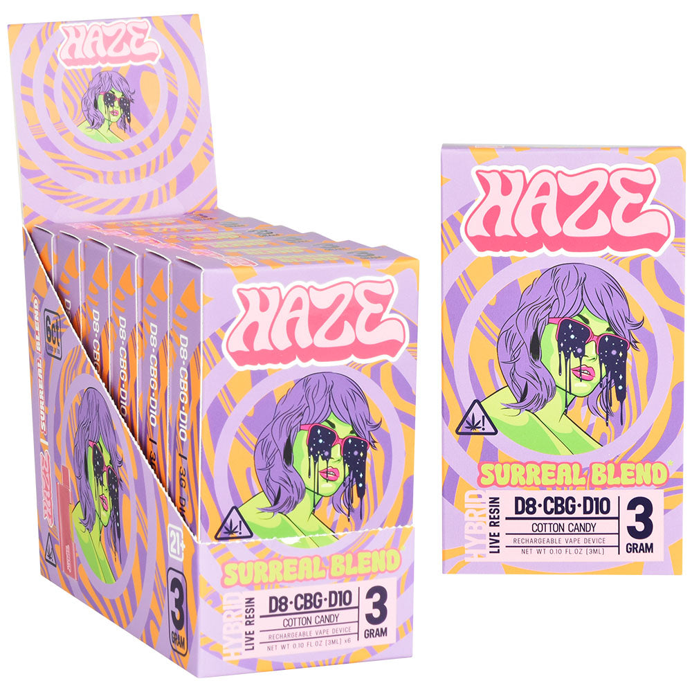 6PC Haze Hybrid Surreal Blend Disposable Vape Display in Cotton Candy flavor, angled view