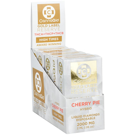 CannaAid Gold Label Reserve THCA Blend Disposable Vape Display with Cherry Pie Flavor