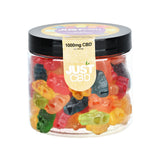 JUST CBD Gummies in a clear jar, 1000mg potency, assorted fruit flavors, front view