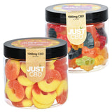 JUST CBD Gummies 1000mg jars in front and angled view, showcasing assorted shapes and colors