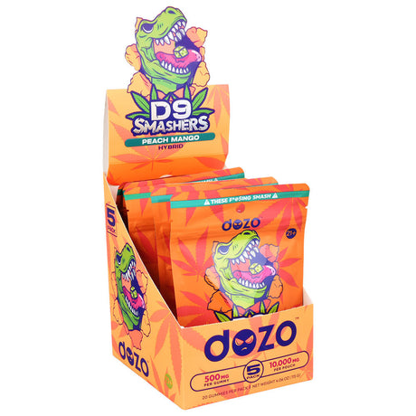 Dozo D9 Smashers Gummies display box with 5 colorful packages, Peach Mango flavor, 10000mg total