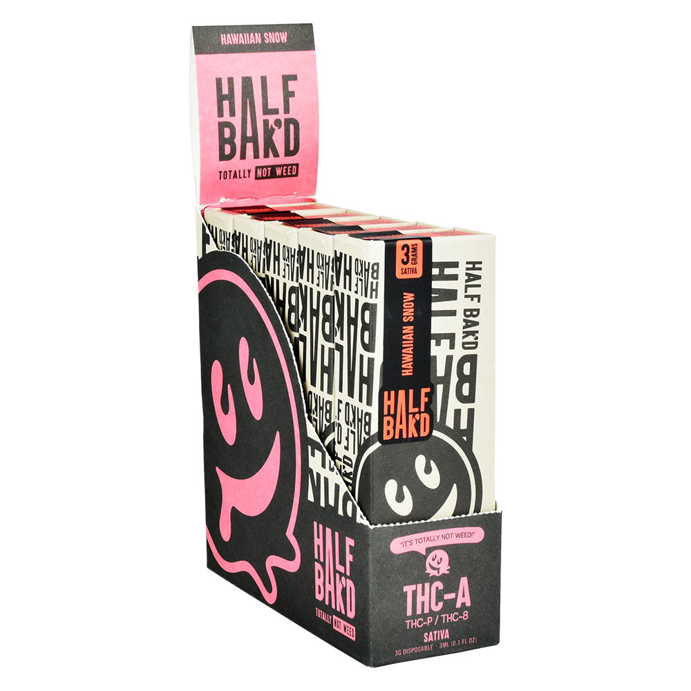 Half Baked THCA Disposable Vape 3g Display, 5-pack Sativa cartridges, front view on white