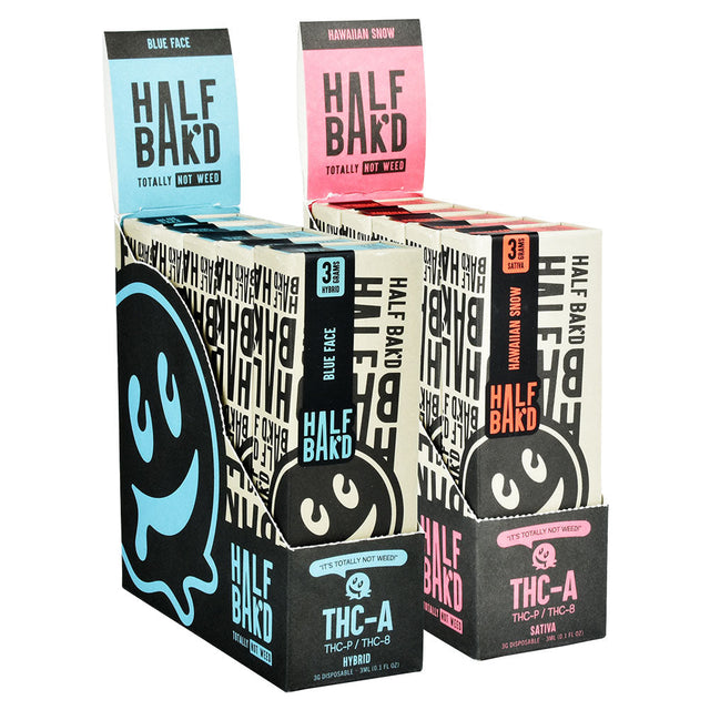 Half Baked THCA Disposable Vape 3g 5-piece display with vibrant packaging front view