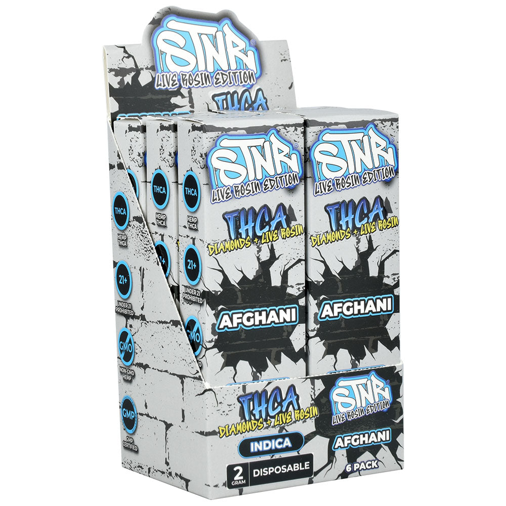 STNR THCA Disposable Vape Display with 6 units, Indica Afghan, 2g each, front view