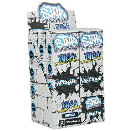 STNR THCA Disposable Vape Display with 6 units, Indica Afghan, 2g each, front view