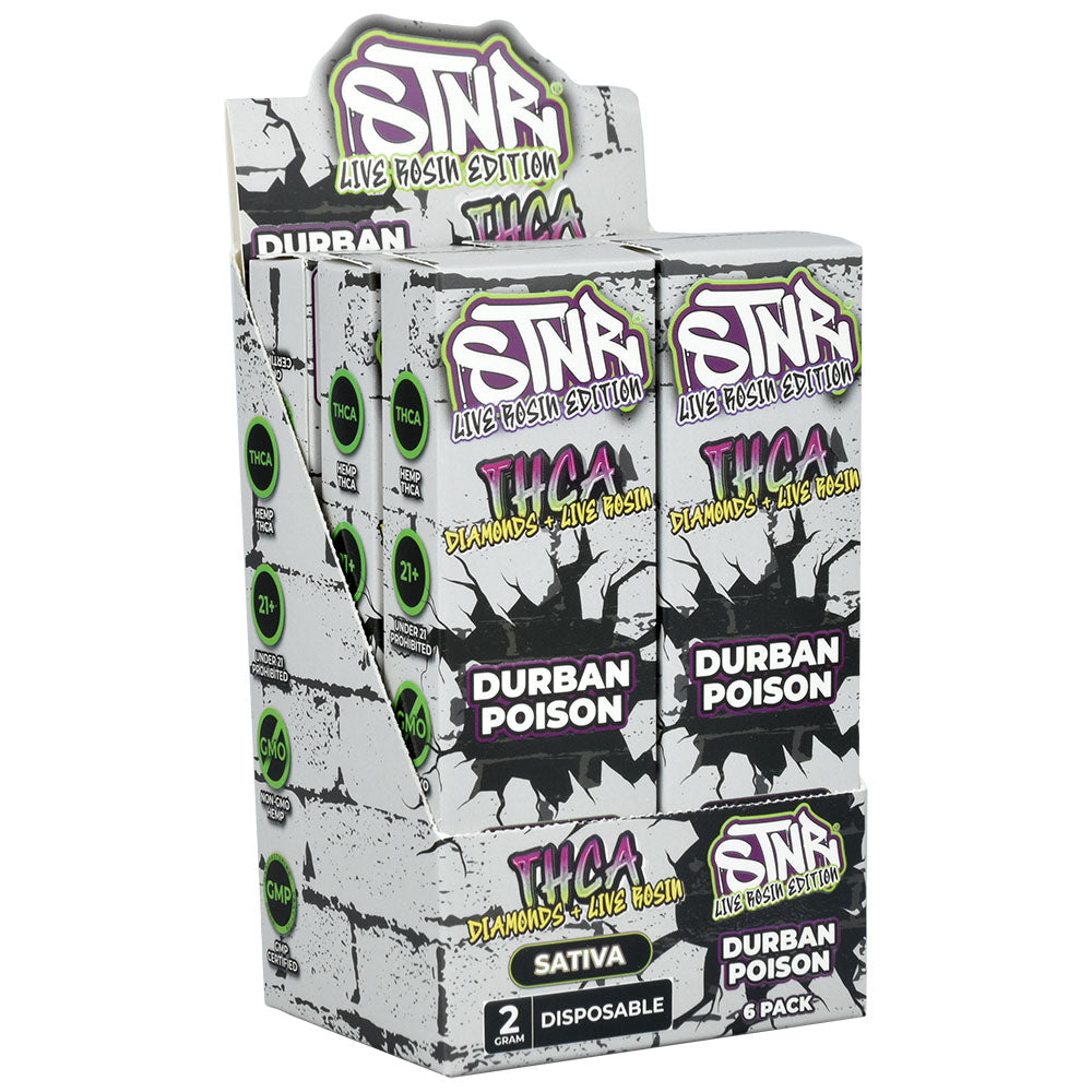 STNR THCA Disposable Vape Display, 2g Live Resin Edition, Durban Poison Sativa, 6-Pack